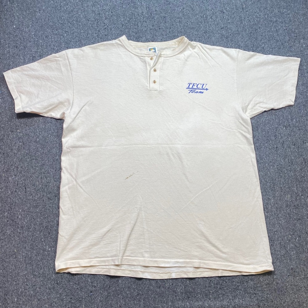 Cotton Deluxe Henley Shirt Sz 2X Mens White 90s Vintage TFCU Graphic Made in USA